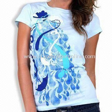 100% Cotton Womens Knitted T-shirt with Printing or Embroidery Logo, Various Styles are Available from China