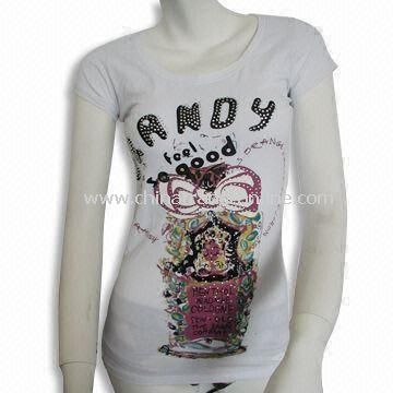 Cotton and Spandex Womens T-shirt with Cap Sleeves, Pigment Print and Rhinestone from China