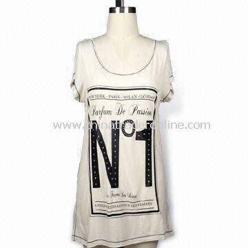 Ladies Printed Front Fashionable T-shirt, Made of 140g Viscose Jersey