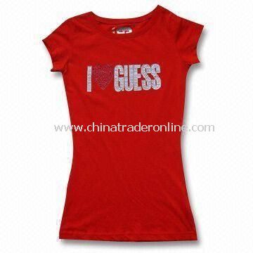 Ladies T-shirt in Various Prints on Chest, Made of 100% Cotton Spandex Jersey from China