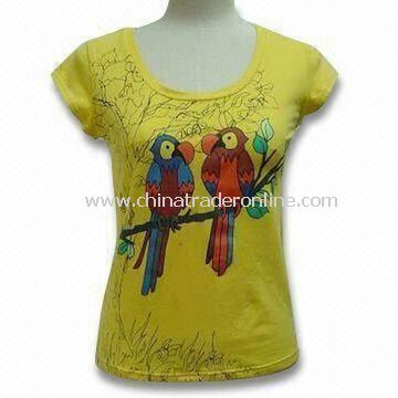 Nap Jersey Fabric Knitted T-shirt, Made of 95% Cotton and 5% Spandex with Birds Print