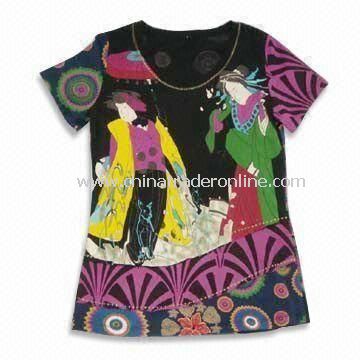 T-shirt for Women with Printing, Made of 95% Cotton and 5% Elastane, Various Colors are Available from China