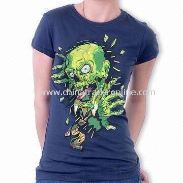 Womens Knitted T-shirt with Printing or Embroidery Logo, Made of 100% Cotton from China