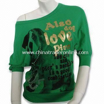 Womens Round Neck T-shirt with Batwing Sleeve, Pigment Print Dog with Piors Necklace on Front from China