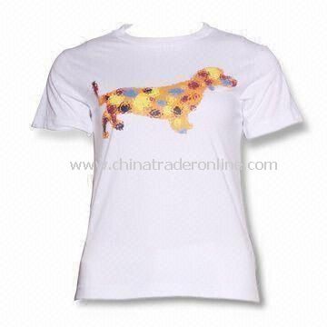 Womens Short-sleeve Printing T-shirt with Rounded Neck, Made of 100% Cotton, 150 to 180gsm from China