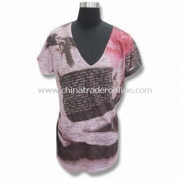 Womens T-shirt with Printing, Made of 65% Polyester/35% Cotton