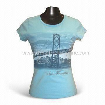 Womens T-shirt with Screen Printing, Made of 90% Cotton and 10% Spandex