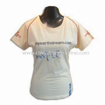 Womens T-shirt with Screen Printing, Red Piping on Shoulders, Made of 95% Cotton and 5% Spandex