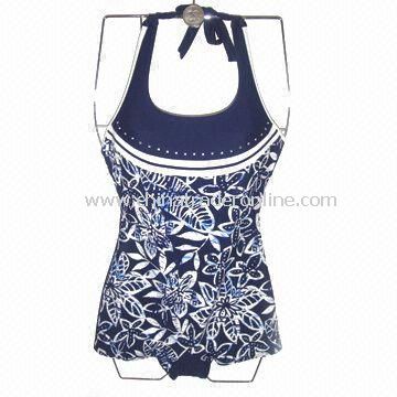 One-piece Blue and White Swimwear with Flower Printing, Made of 82% Nylon and 18% Spandex