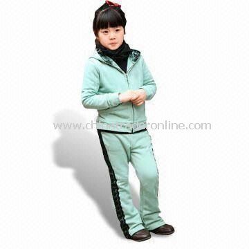 Childrens Sweatsuit, Customized Designs are Welcome, with Hood and Front Placket Zipper from China