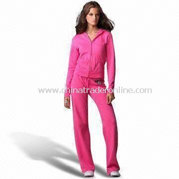 Ladies Jogging Suit with Hood, Kangaroo Pockets and Front Placket Zipper from China