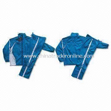 Ladies Jogging Suit with Woven Fabric, Embroidery on Chest and Pant, 4 Piece Zippers on Pocket from China