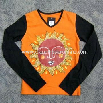 100% Cotton T-shirt for Women with Embroidery from China