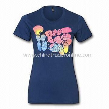 Womens T-shirt, Made of Cotton, Customized Printed Designs and Materials are Welcome from China