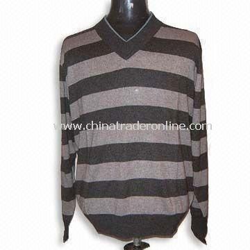 Mens Silk/Cashmere Striped Sweater, Long-sleeve, V-neck, Jersey