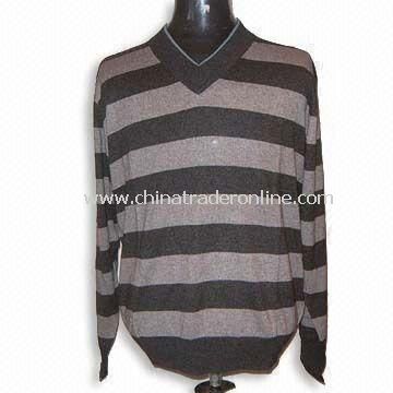 Mens Silk/Cashmere Striped Sweater, Long-sleeve, V-neck, Jersey from China