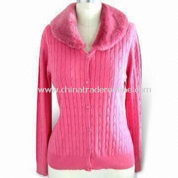 Womens Cardigan with Fur Collar, Made of 90% Cotton and 10% Cashmere