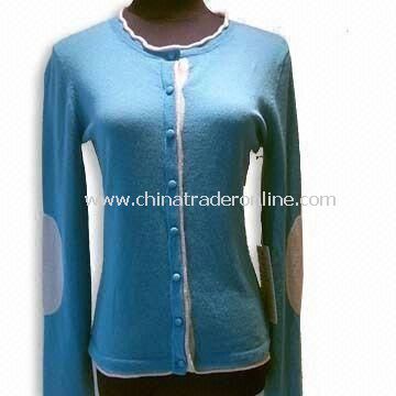 Womens Cashmere Cardigan, Long-sleeve with Patch, Round Neck, Jersey, with Rolled Edge from China