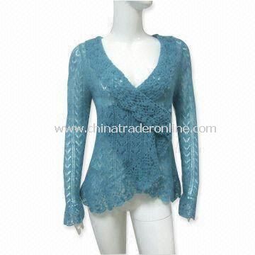 Womens Heavy Gauge Mohair Sweater with Long-sleeve and Hand Crochet Neck from China