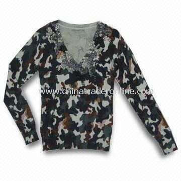 Womens Knitted Sweater, Made of Viscose, Nylon and Wool, Camouflage Printing and Beads Embroidery from China