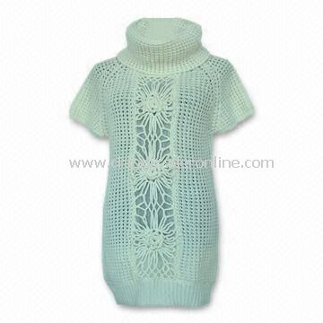 Womens Short Sleeve Pullover Sweater with Crochet Design at Front, Suitable for Winter Wear