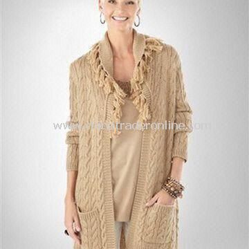 Womens Cardigan Sweater, Made of 70% Acrylic and 30% Wool, Available in Gray and Nude Pink