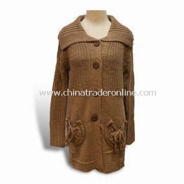 Womens Long-sleeved Cardigan with Two Pockets, Made of 70% Acrylic and 30% Wool from China