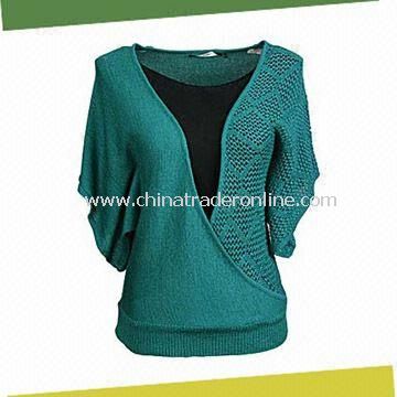 Womens Pullover Sweater in Dark Green, Made of 50% Wool and 50% Acrylic from China