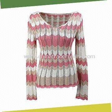Womens Pullover Sweater in White and Pink, Made of 55% Cotton and 45% Acrylic from China