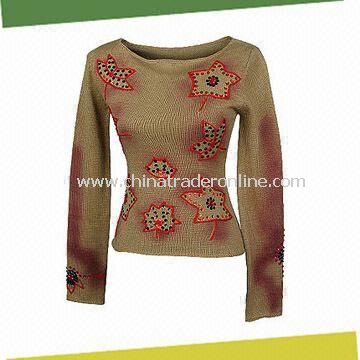 Womens Sweater with Hand-embroidery and Beading, Made of 70% Acrylic and 30% Wool from China