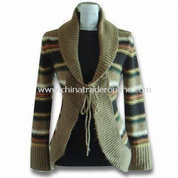 Womens V Neck Cardigan with Stripe and Pocket, Made of 70% Wool, 30% Acrylic from China