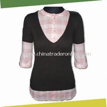 Ladies Pullover Sweater, Made of 100% Cotton, the Sleeves with Woven Fabric from China