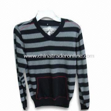 Mens Fashionable Stripe Sweater with Cotton, Long Sleeve, Pockets, V-neck