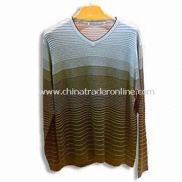 Mens V-neck Stripe Pullover, Made of 30% Cotton and 70% Silk from China