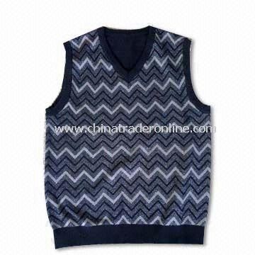 Mens V-neck Vest with Jacquard, Made of 80% Cotton and 20% Polyester, 12gg Gauge