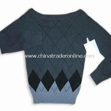 Womens Knitted Sweater with 12gg Gauge and Diamond Argyle, Made of 100% Cotton from China