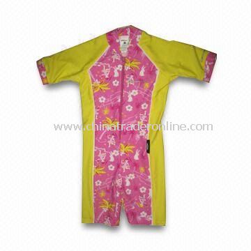 Childrens Coverall Swimwear with Contrast Piping on Armhole/Silver Print Logos, Made of Polyster