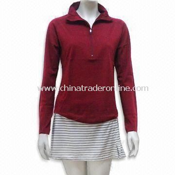 Womens Long Sleeves T-shirt with Half Zipper Closure, Anti-microbial and Wicking Features from China