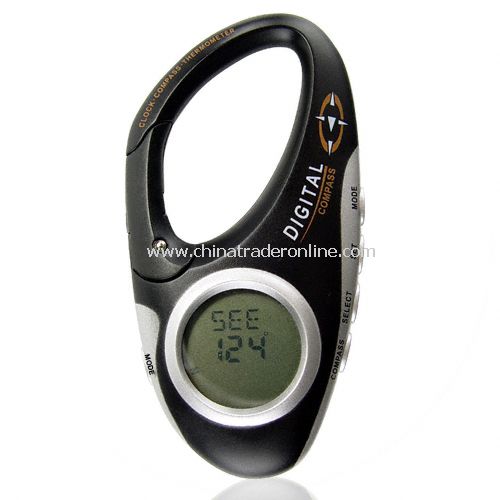 Digital Compass Carabiner with Thermometer and Clock - Clip-On Lock