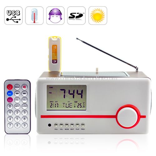 Solar Mini Speaker Charger + MP3 Player + Clock - Remote Control