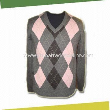 100% Lambswool Mens Sweater, Front with Argyle Pattern Jacquard