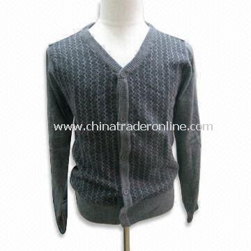 Mens Cardigan, Jacquard, 12gg Gauge, Made of 80% Wool and 20% Nylon