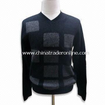 Mens V-neck Pullover, Jacquard, 12gg Gauge, Made of 80% Wool and 20% Nylon