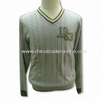 V-neck Mens Sweater with Acid Wash and Embroidery, 12gg Gauge, Made of 100% Cotton from China