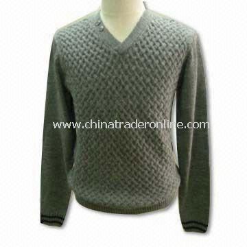 V-neck Mens Sweater with Jacquard, 5gg Gauge, Made of 100% Acrylic from China