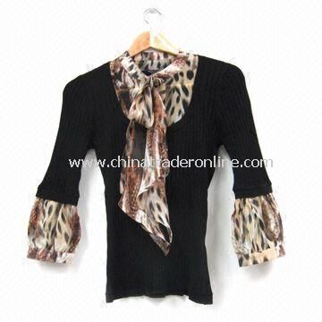 Ladies Knitted Sweater with Woven Fabric, Rayon/Silk/Nylon, Customized Styles are Welcome
