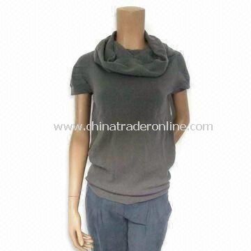 Solid Gray Ladies Sweater with Short Sleeves and Ring Neck, Made of 77% Wool from China