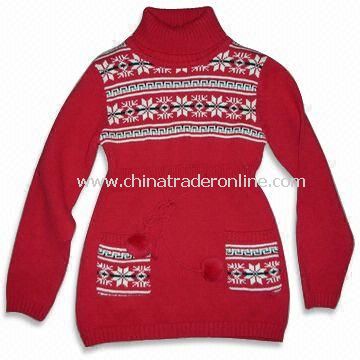 100% Cotton Jacquard Girls Knitted Sweater, Two Front Pockets, Available in Red