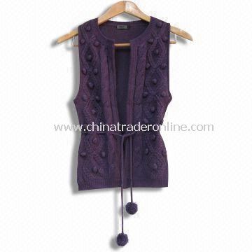 Ladies Knitted Sweater/Pompom Cable Knit Vest, Customized Styles, Colors and Sizes are Welcome