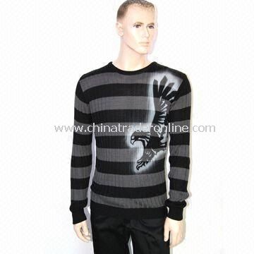 Mens Knitted Sweater/Knitwear with Stripes and Spray Paint at Front from China